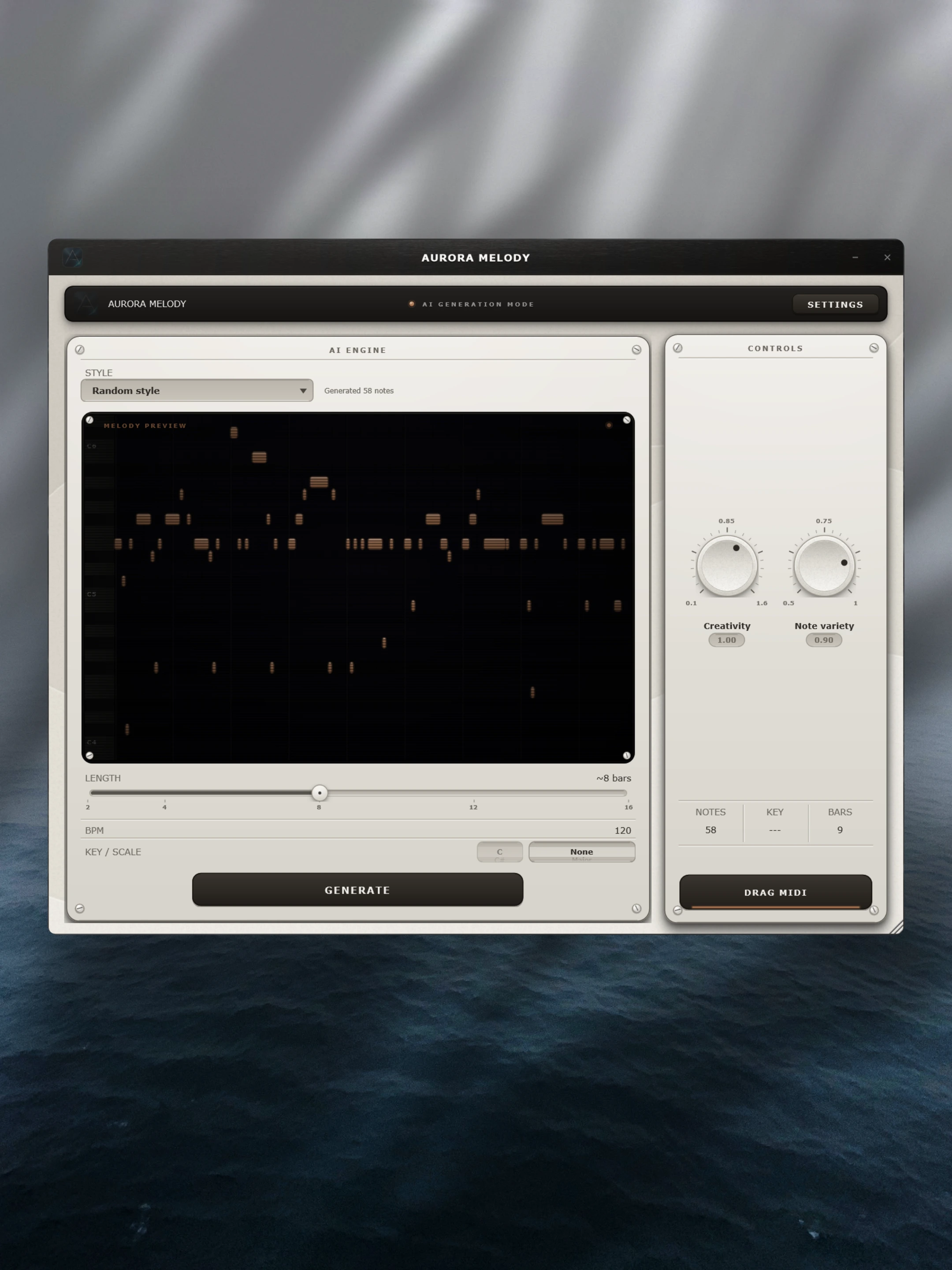 Aurora Melody AI generation mode with style, length, and creativity controls and a melody preview.