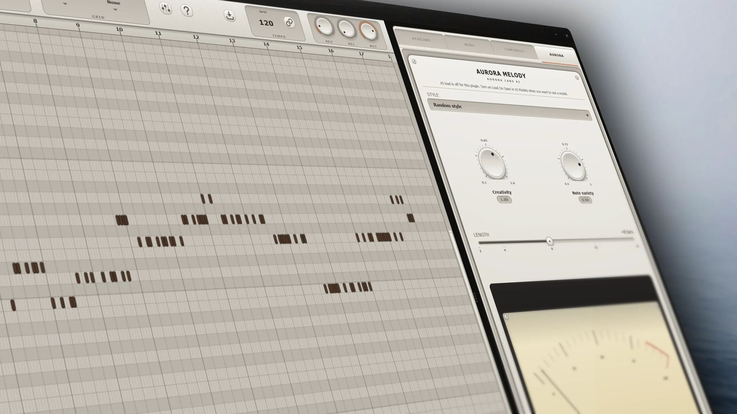 Aurora Melody generating an AI melody in a full piano roll with scale lock.